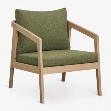 Fotel Z Drewna Akacjowego Kaela Jasny Akacjowy Brąz & Bouclé Salvia Zieleń - Sklum