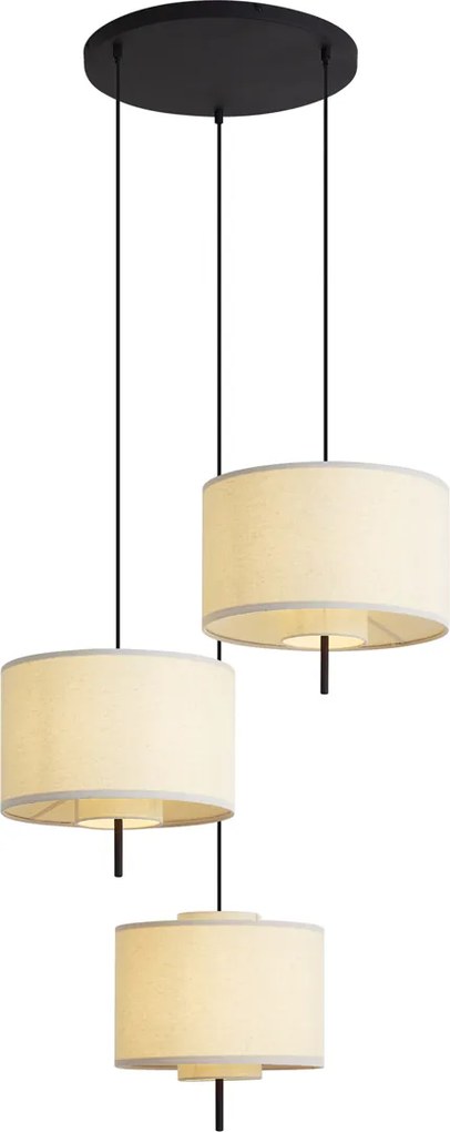 Lampa wisząca Japandi czarna z białym lnianym kloszem 3-punktowa - Rieu