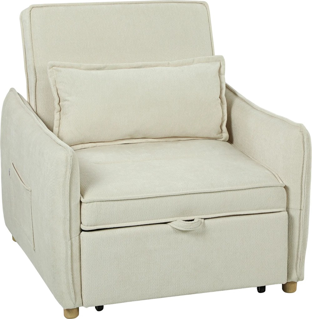 HOMCOM Fotel rozkładany 3 w 1 z funkcją łóżka i poduszką lędźwiową do salonu kremowy | Aosom PL