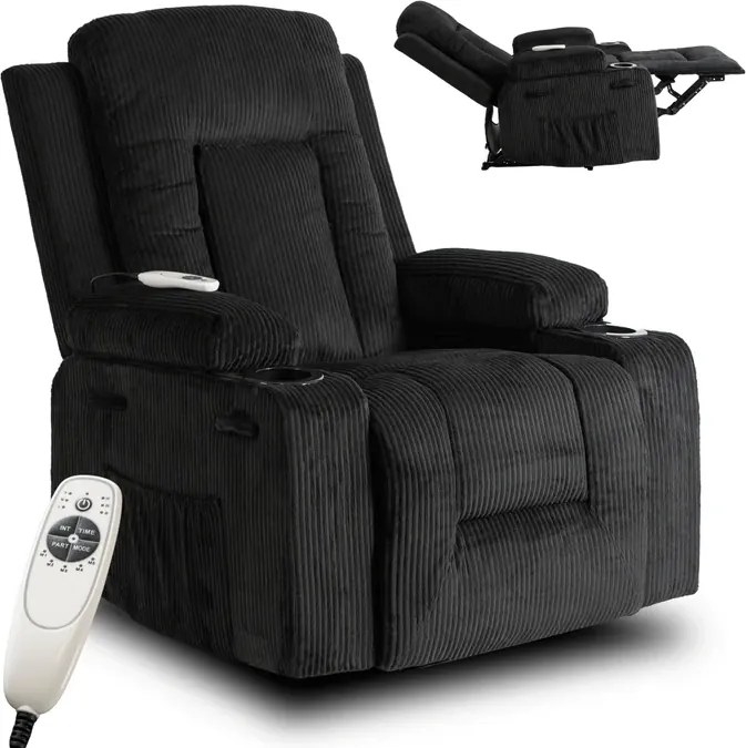 Fotel Masujący BOX Rozkładany Wypoczynkowy z Podnóżkiem Czarny Sztruksowy Nowoczesny