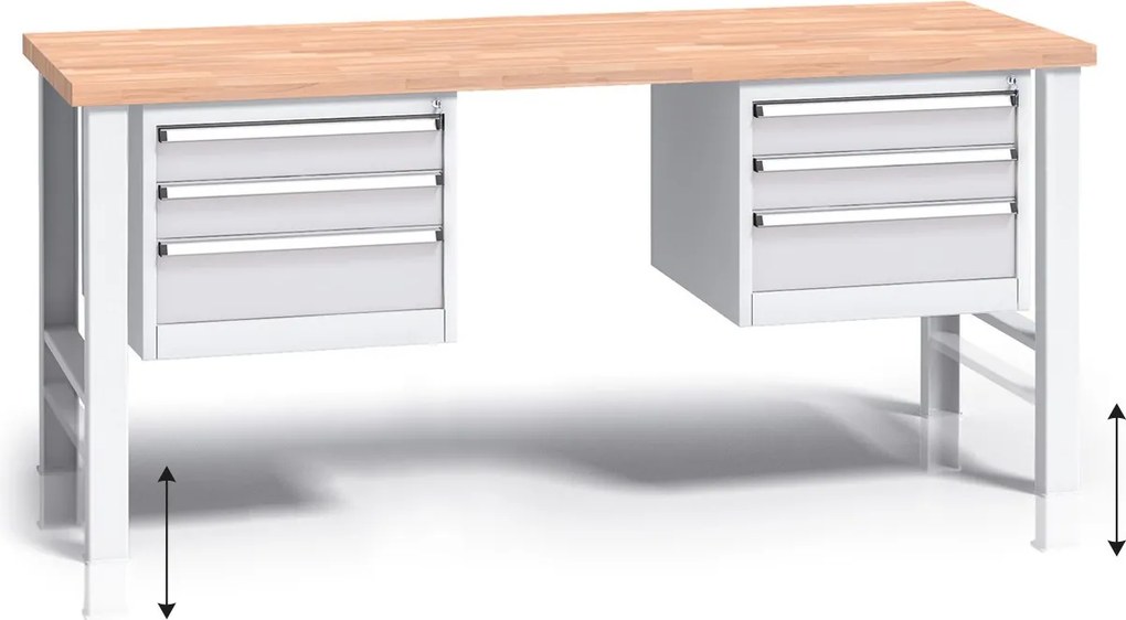 Stół warsztatowy z regulacją wysokości G3, 2000 x 685 x 840-1050 mm, 2x 3 szufladowy kontener, szary
