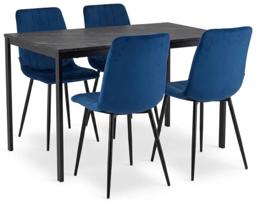 Zestaw jadalniany 1 + 4, czarny stół RAMOD 100x60 cm + niebieskie krzesło LAVA z czarnymi nogami