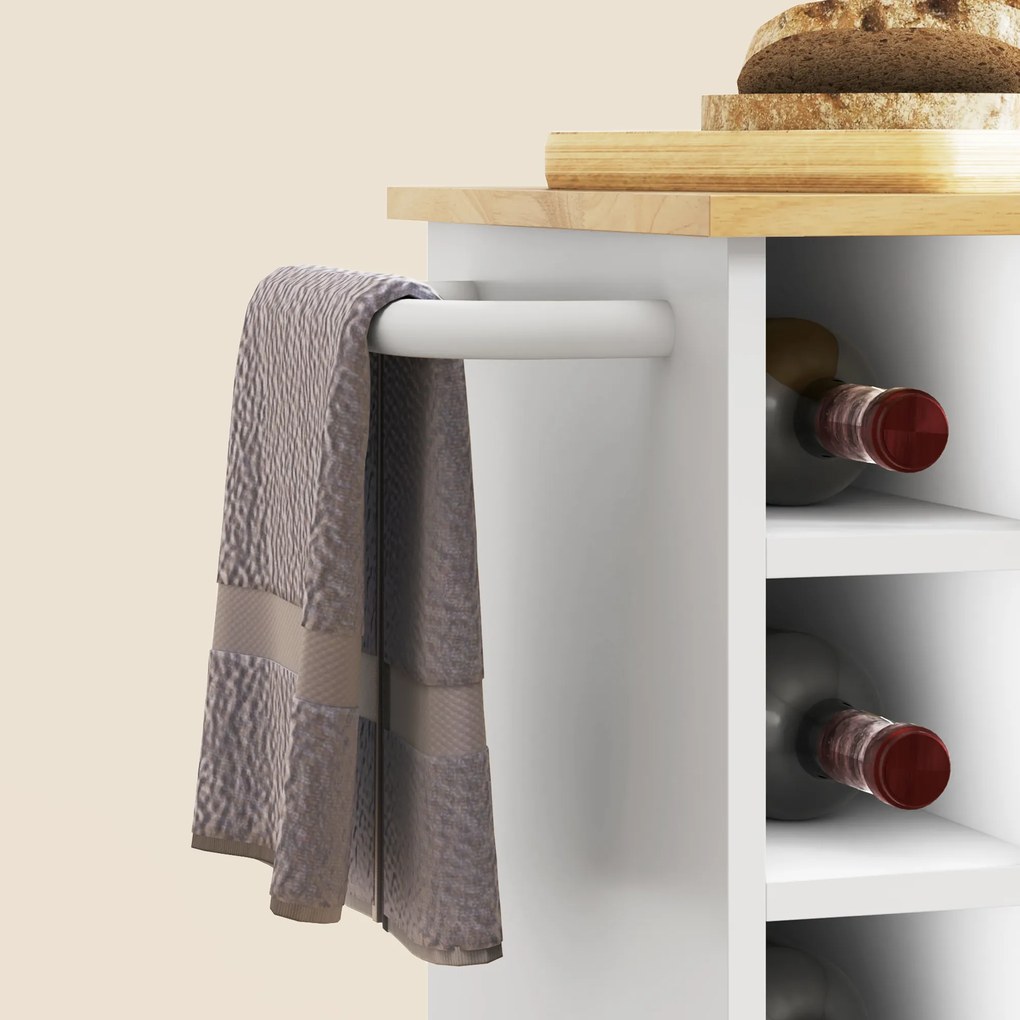 HOMCOM Wózek kuchenny, Przenośna Wyspa Kuchenna, Trolley Kuchenny z półkami, Regałami na Wino, Szafką i Blatem, Biały