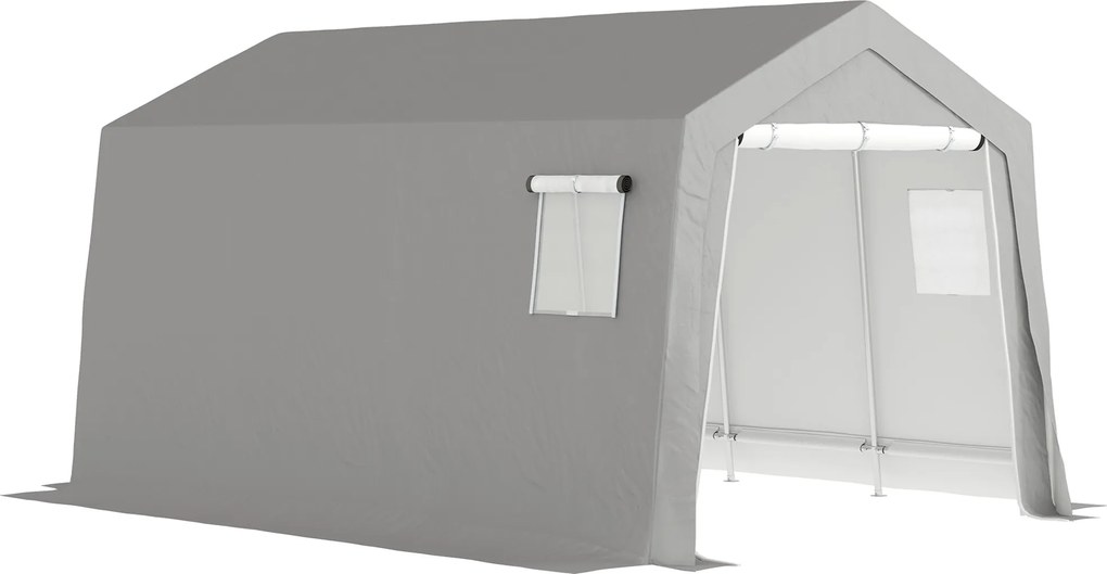 Outsunny Wodoodporny namiot magazynowy z zadaszonym dachem, z drzwiami i oknami 300x447x255 cm, Jasnoszary