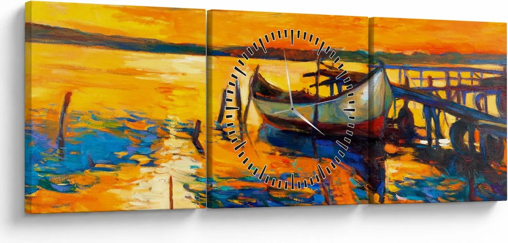 Obraz - Łódź o zachodzie słońca (z zegarem) (90x30 cm)