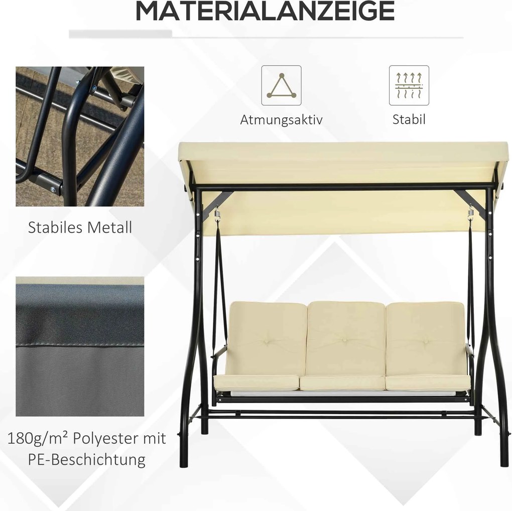 Outsunny Huśtawka Ogrodowa z Ochroną Przeciwsłoneczną, 3 Miejsca, Łóżko Huśtawkowe