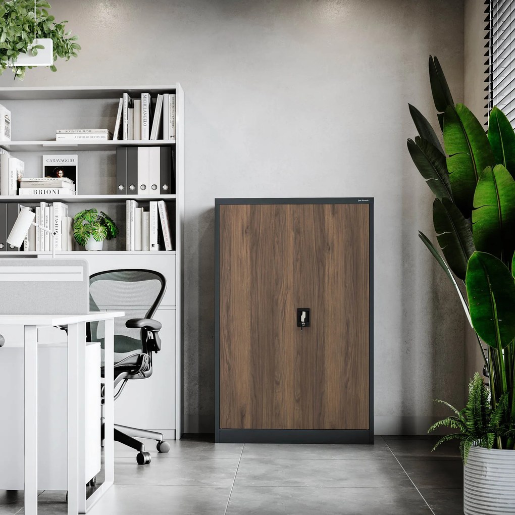 Szafa biurowa metalowa niska z 3 półkami antracytowa/orzech, 900x1400x400 mm: KEVIN Eco Design