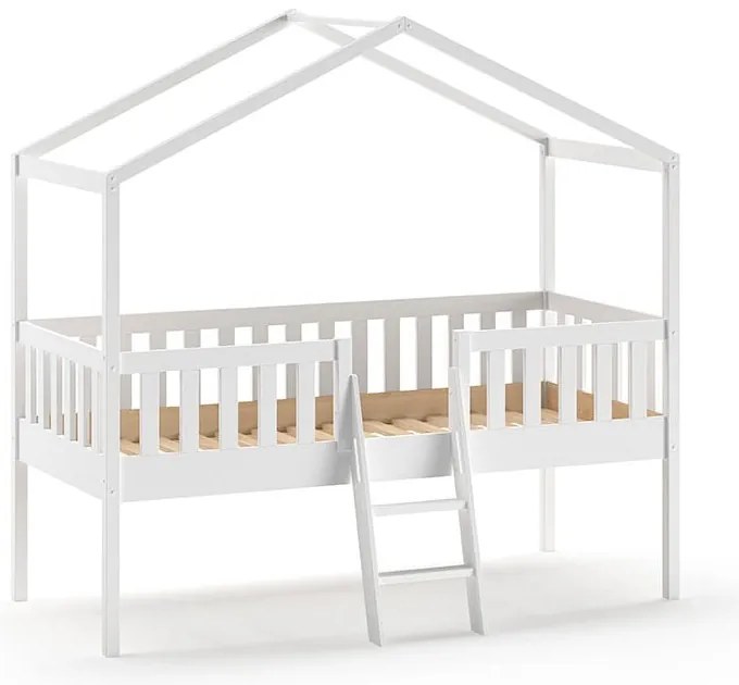 Białe podwyższone łóżko dziecięce w kształcie domku z litego drewna sosnowego 90x200 cm DALLAS – Vipack