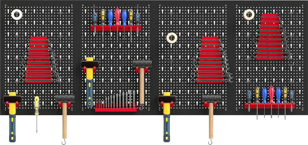 HOMCOM System przechowywania na ścianę 60 x 40 cm, zestaw 38 elementów z hakami i półkami, czarno-czerwony | Aosom PL