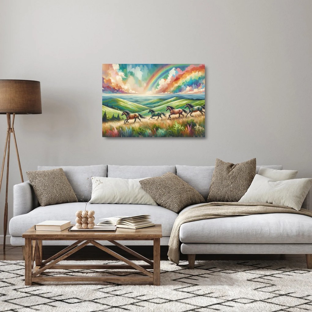 Obraz na szkle – Konie galopujące przez krajobraz (70x50 cm)