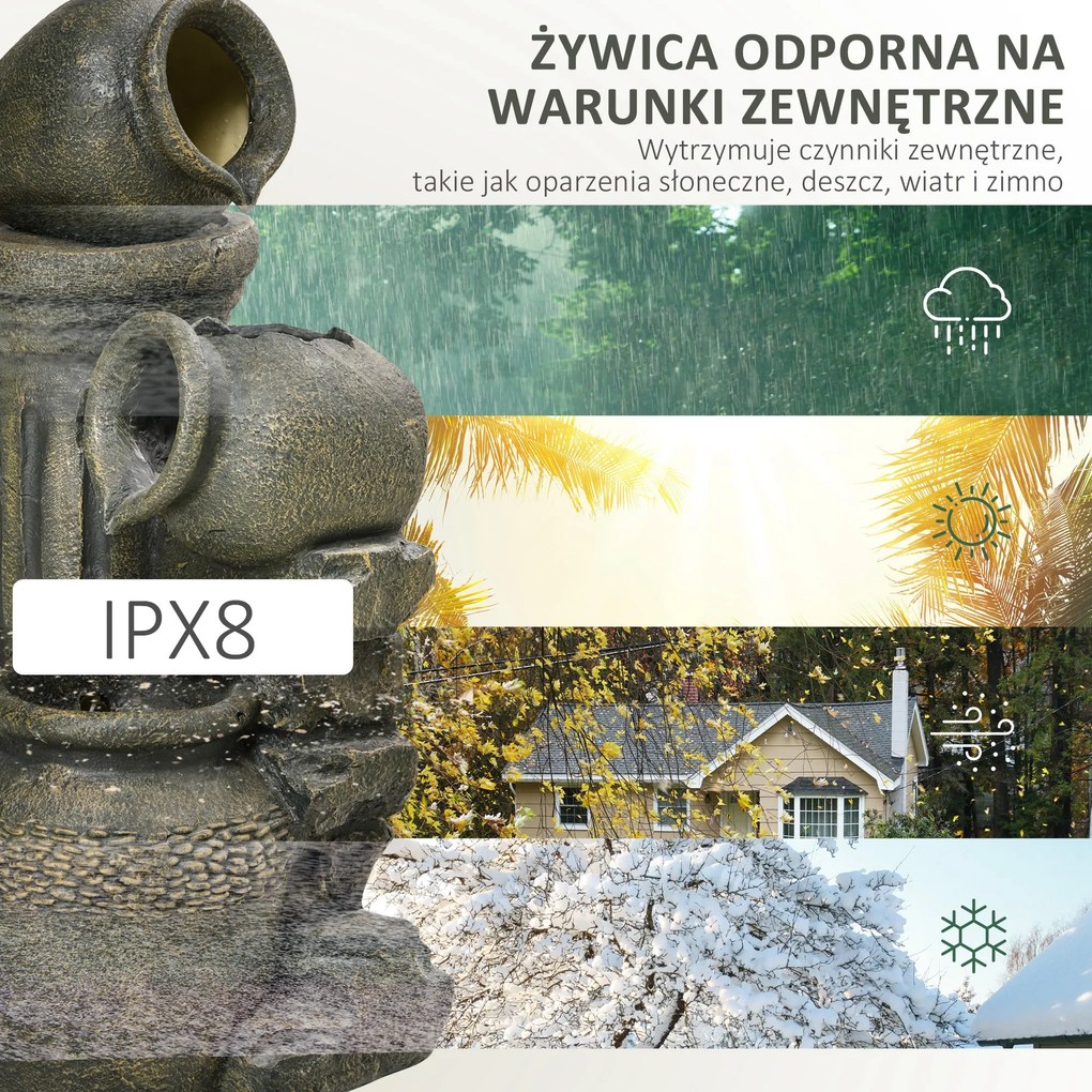 Outsunny Fontanna z Regulowaną Pompą, Odporna na Warunki Pogodowe, 25 cm x 24 cm x 60 cm, Szary