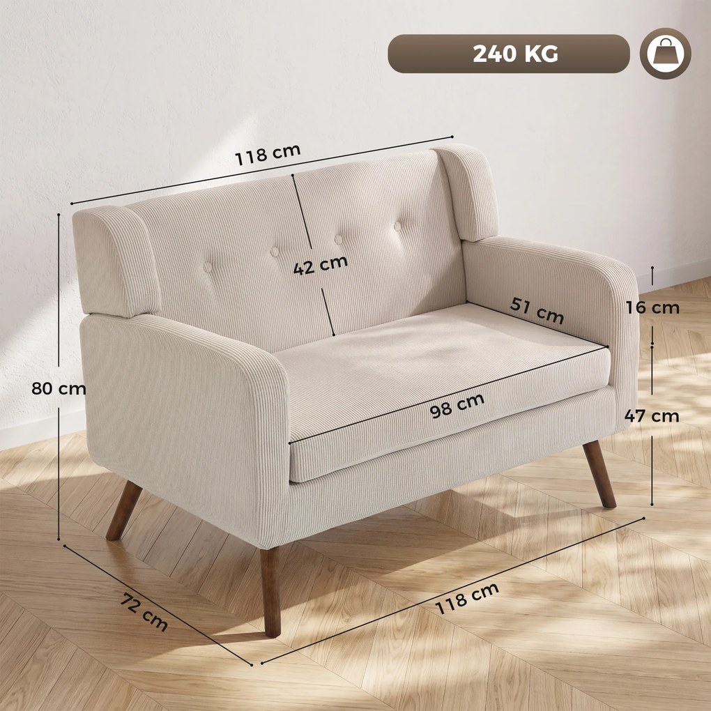 HOMCOM Sofa 2-osobowa 118 cm z wyglądem sztruksu, pikowanie z guzikami Wygodna nowoczesna sofa tapicerowana z drewnianymi nogami do małych pomieszczeń | Aosom PL