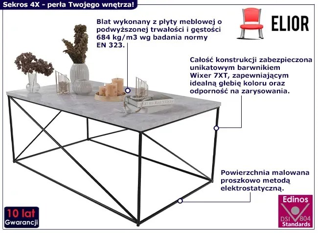 Prostokątna ława z metalowym stelażem czarny + beton - Sekros 4X