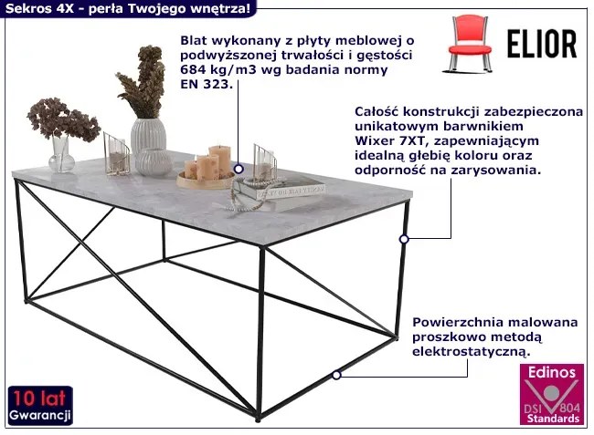 Prostokątna ława z metalowym stelażem czarny + beton W8-T09