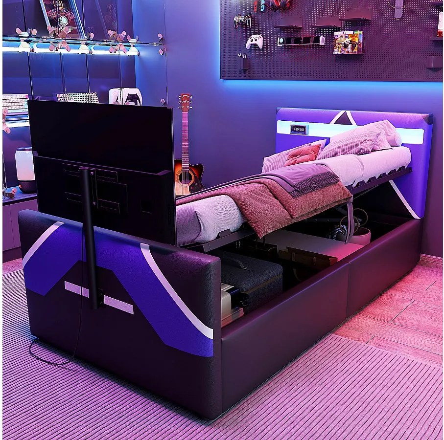 Łóżko dziecięce z pojemnikiem - 90 x 200 cm - z diodami LED + schowek hydrauliczny + zintegrowany stojak pod TV - PU - czarny + fioletowy
