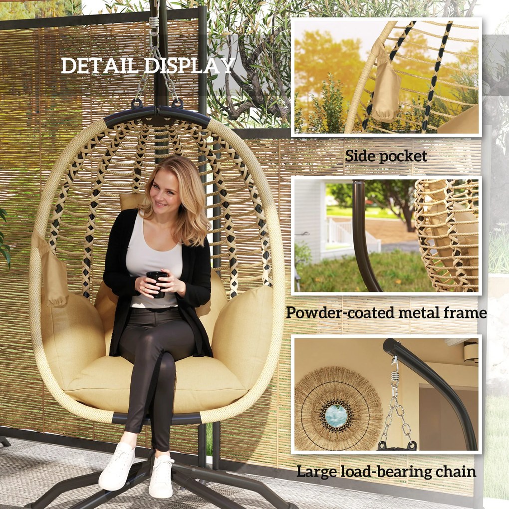 Outsunny Fotel wiszący z ramą, składany jajowaty fotel wiszący z zdejmowanym siedziskiem uchwyt na kubek lina zabezpieczająca beżowy | Aosom PL