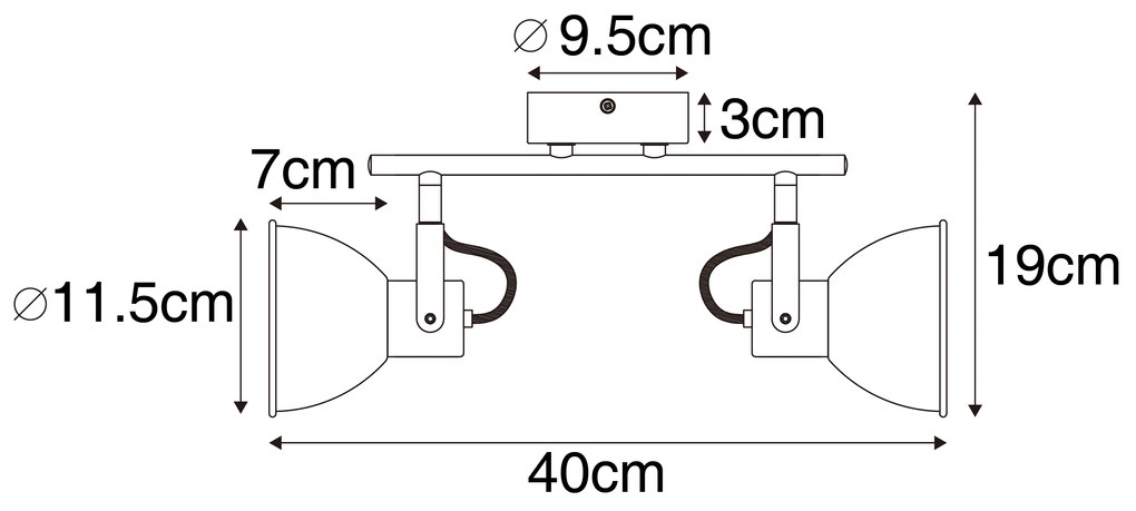 Industrialny reflektor czarny z drewnem, regulowany, 2-światłowy - Tommy