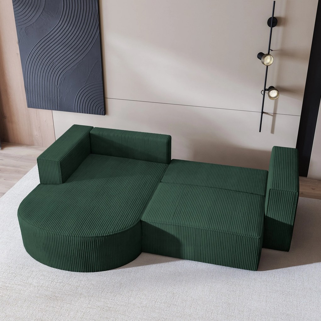 Masseno Narożnik SORELA z funkcją spania i pojemnikiem na pościel Narozniki L, Rozkładana sofa - Zielony, POSO 14