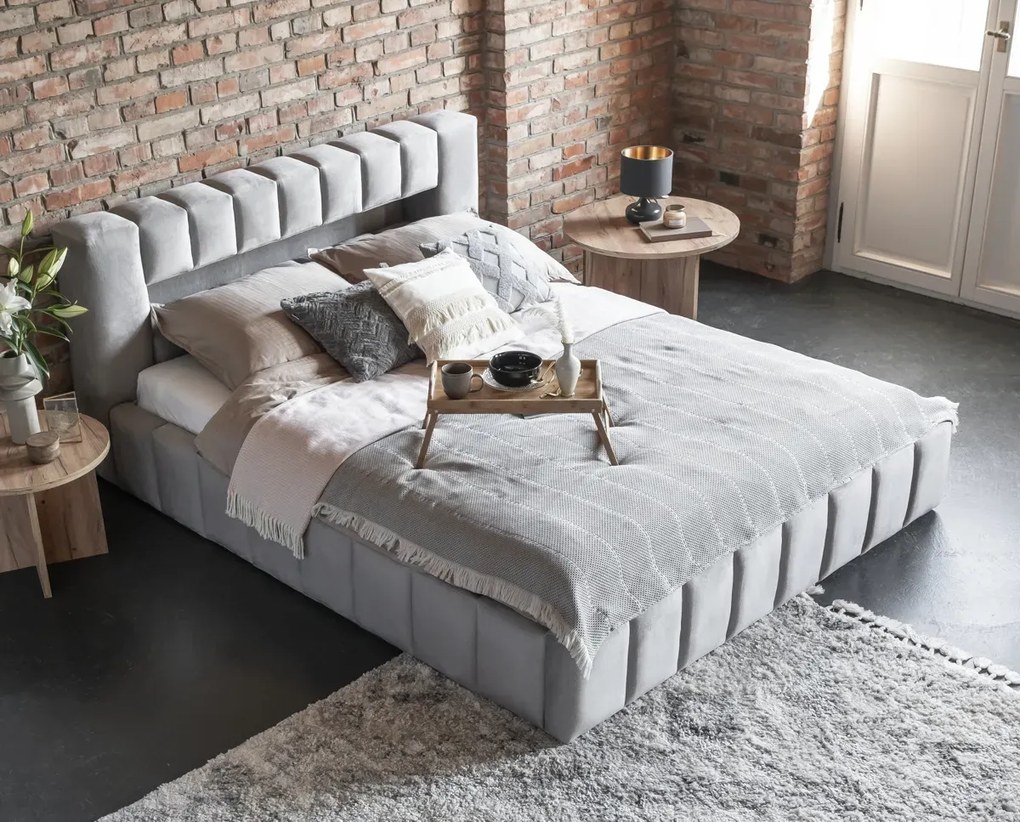 Łóżko tapicerowane LAMICA VELVET 160x200 jasnoszare z pojemnikiem ELTAP