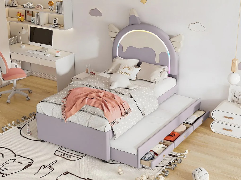 Łóżko dziecięce 90x200cm z łóżkiem wysuwanym 90x190cm - zagłówek w kształcie jednorożca z LED - z ekoskóry - Jasnofioletowy
