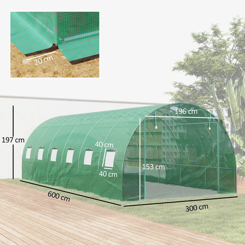 Outsunny Szklarnia typu Polytunnel z osłoną plastikową i stalową ramą, z rolowanymi drzwiami, Zielona