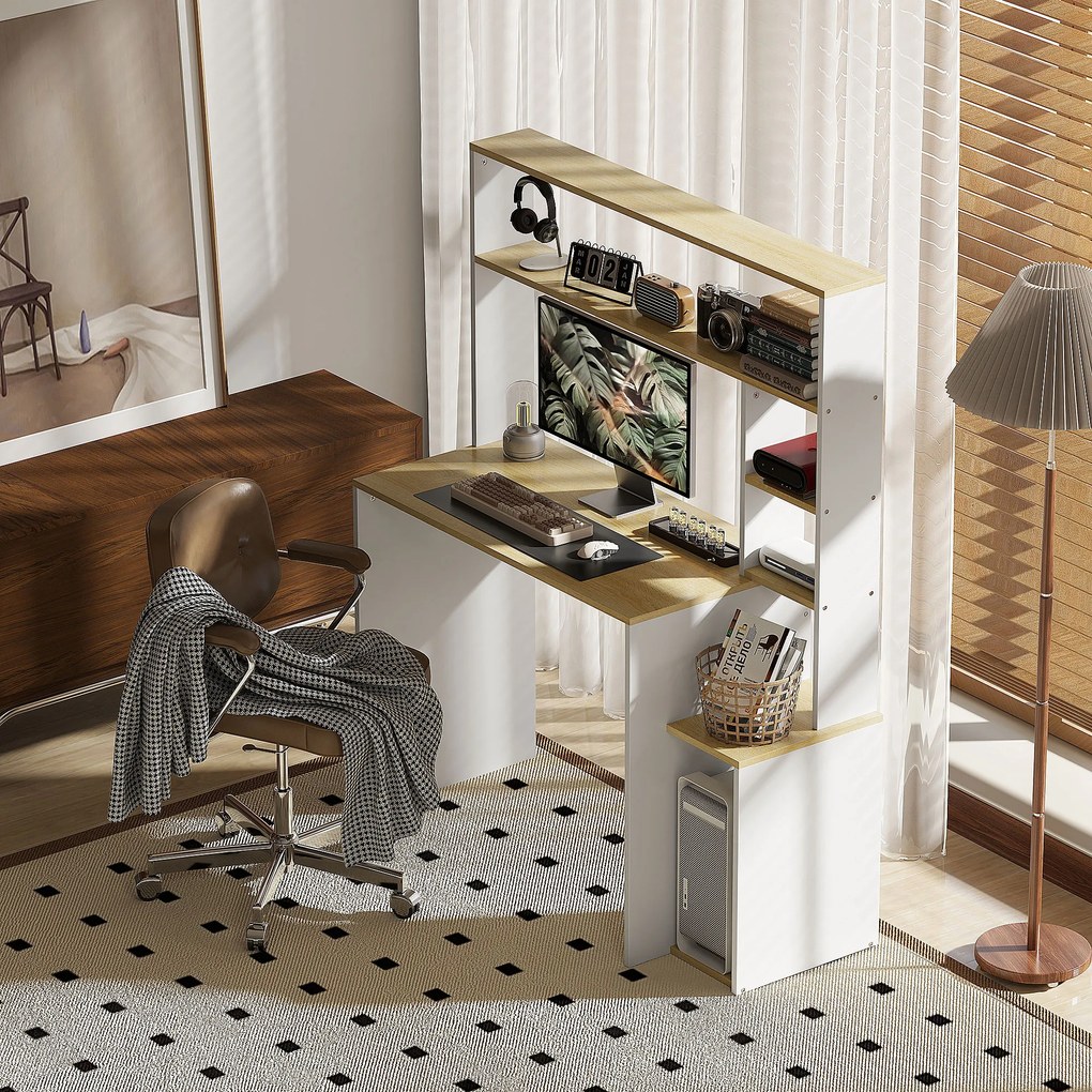 HOMCOM Biurko komputerowe z otwartymi półkami i przegródkami, stalowe, Jasnobrązowe+Białe