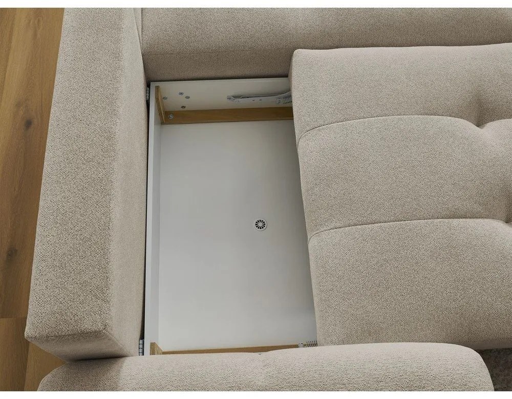 Beżowy rozkładany narożnik z tkaniny szenilowej ze schowkiem (prawostronny/z szezlongiem) Roxelane – Bobochic Paris