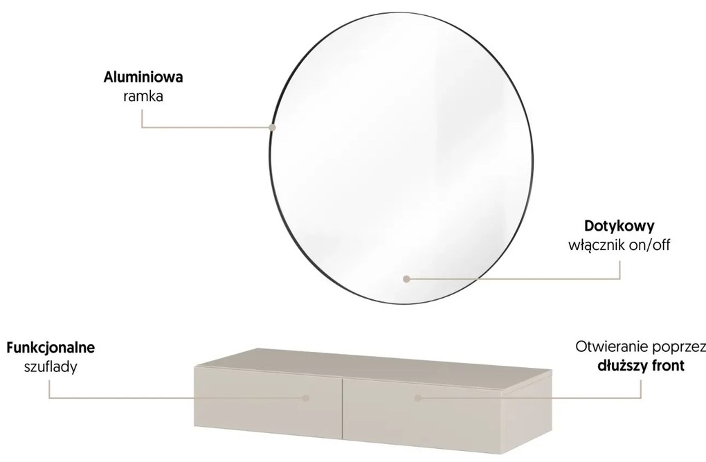 Toaletka wisząca JUKON 2S kaszmirowa z lustrem LED 80cm HELVETIA