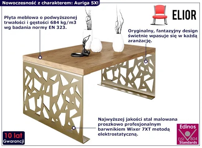 Stolik kawowy z metalowym stelażem złoty + dąb lancelot R0-H72