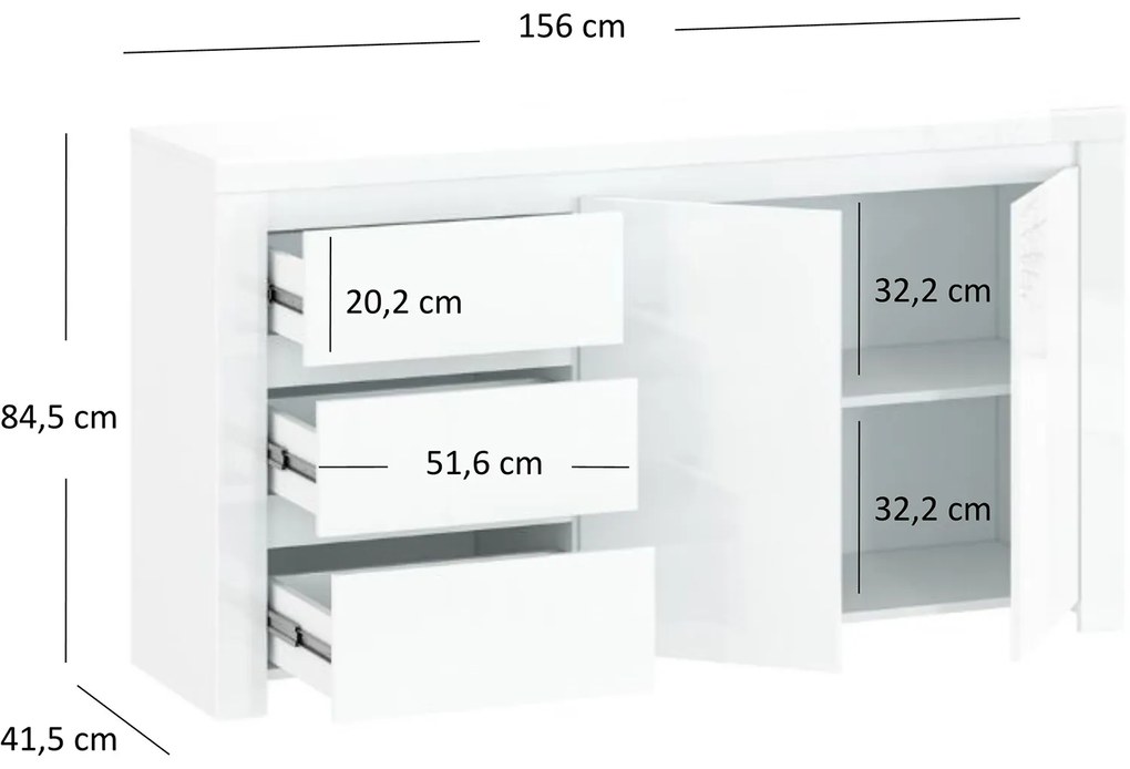 Komoda Dwudrzwiowa z Szufladami do Salonu FLARE 156 cm Biały połysk Nowoczesna