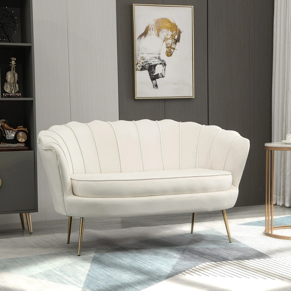 HOMCOM sofa dwuosobowa aksamitna kremowa styl vintage wygodna kanapa do salonu do 150 kg złote nogi | Aosom PL