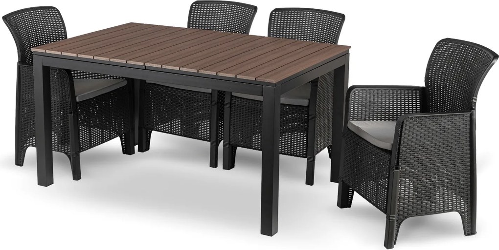 Zestaw Mebli Ogrodowych Stół ARGOS 140-180 cm Orzech/Czarny i 4x Fotel FRESNO Czarny Technorattan Nowoczesny