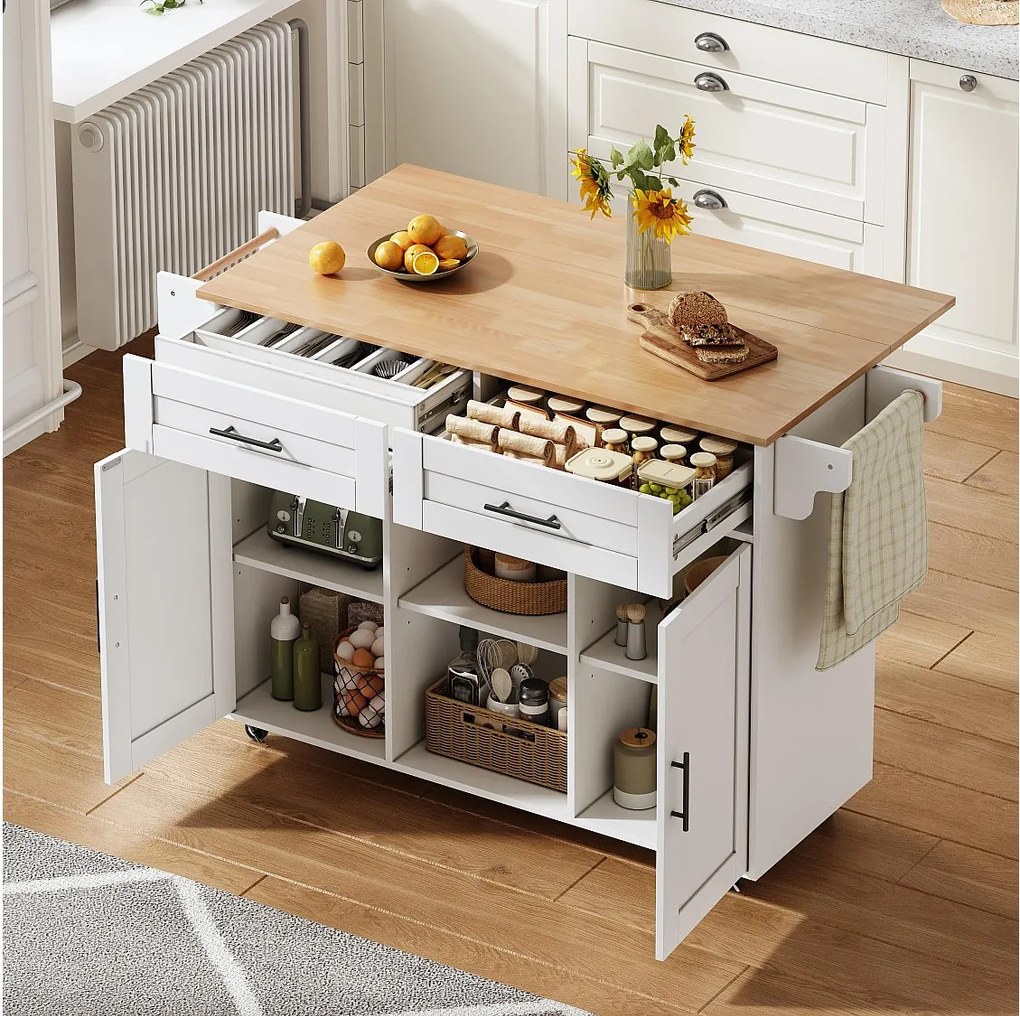 Mobilna wyspa kuchenna z blatem składanym - 145 x 45/70 x 94,5 cm - z półkami + 2 drzwi + szuflada - MDF - biała