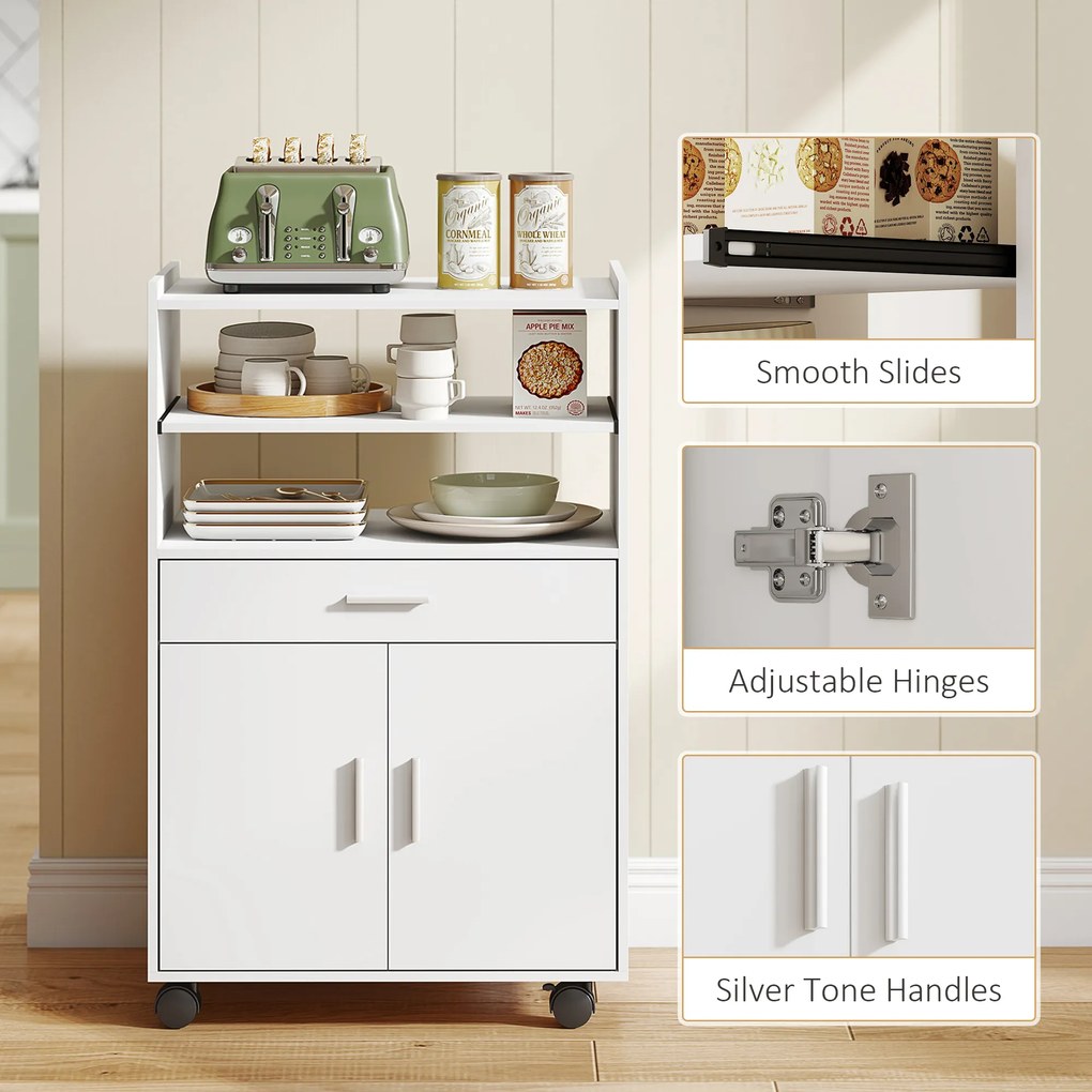 HOMCOM Szafka na mikrofalówkę, półka, szafa z podwójnymi drzwiami, szuflada, kółka, biały