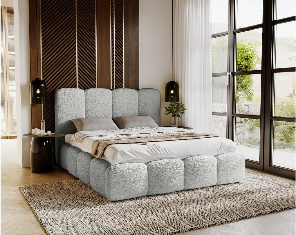 Emporius Merkad Boucle łóżko tapicerowane 140x200 - łóżko z pojemnikiem, gruba pianka, stelaż - elegancki design, tkanina boucle, jasny szary (Anthology 15)