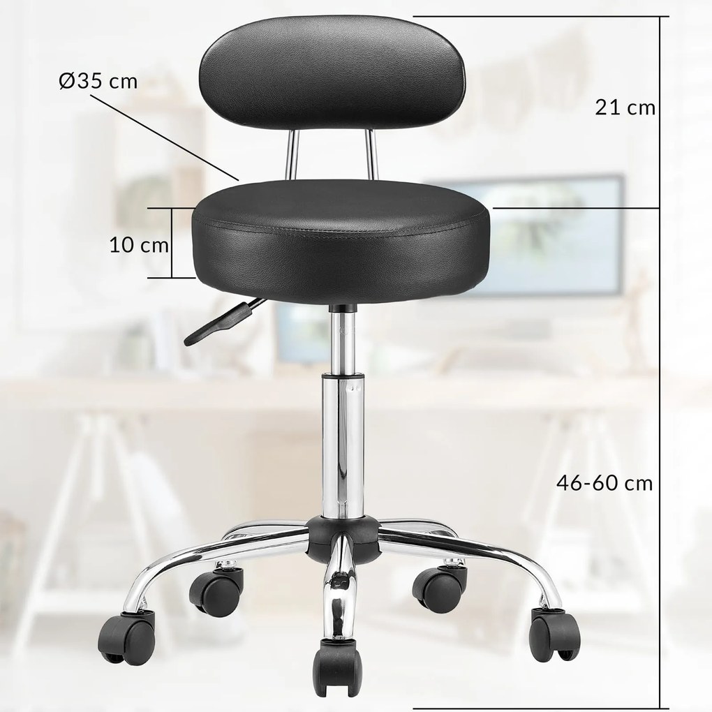 Taboretka na kółkach z oparciem ROLAND, Ø35cm, czarna Casaria