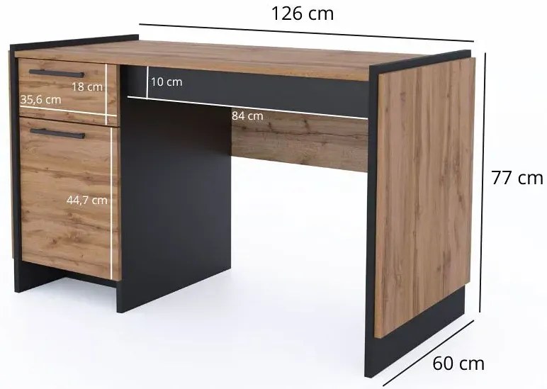 Biurko z szufladą i szafką dąb wotan + czarny T3-A61