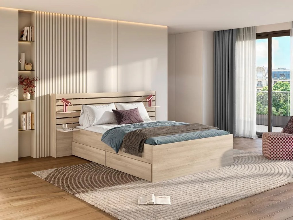 Łóżko  140 x 190/200 cm ze schowkami - Naturalny + Stelaż + Materac - TENALIA II