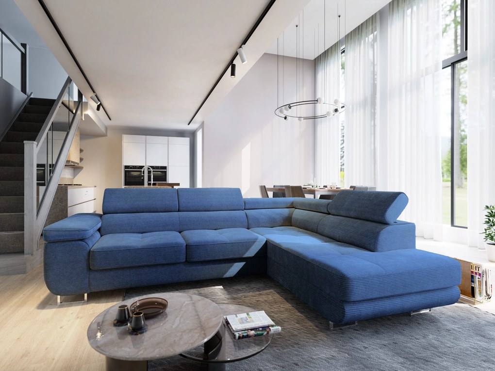 Masseno Narożnik APIRO z funkcją spania i pojemnikiem na pościel Narozniki L, Rozkładana sofa - Niebieski, POSO 05