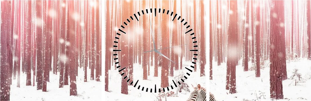 Obraz - Zebra w śnieżnym lesie (z zegarem) (90x30 cm)