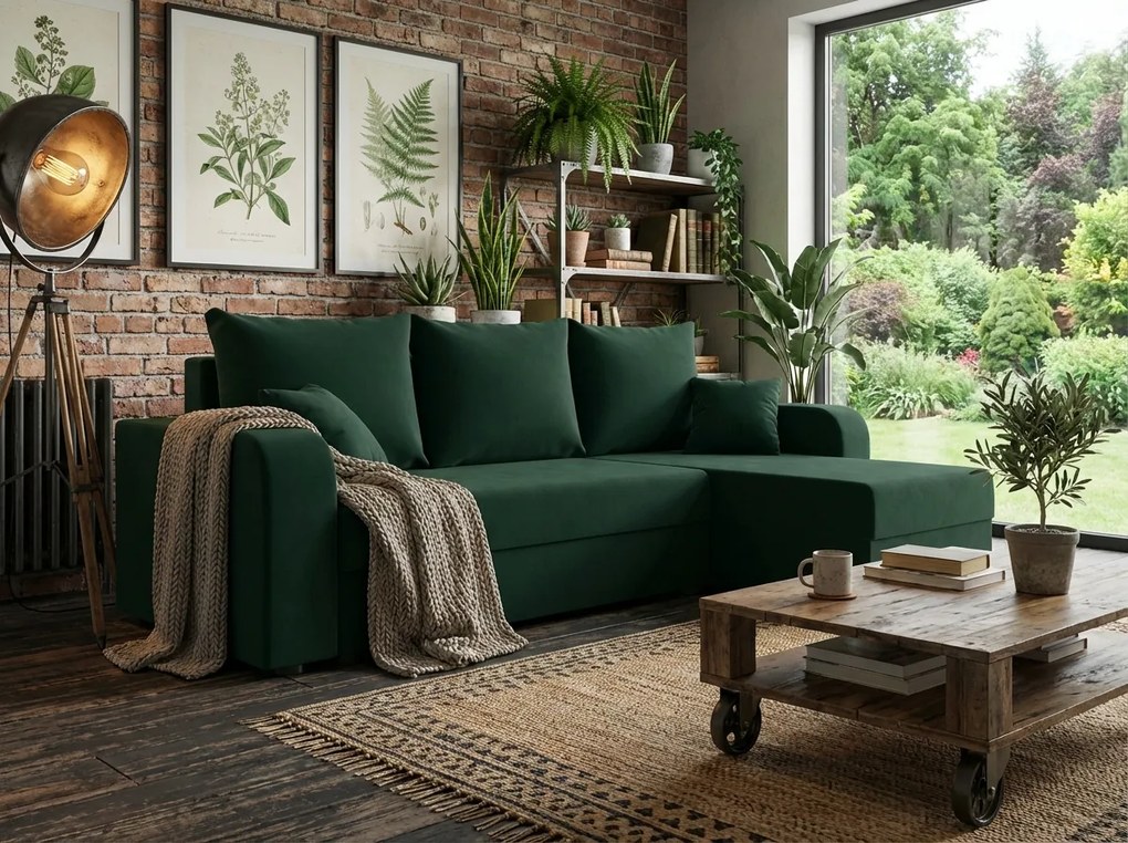 PROMOCJA Rozkładany narożnik obustronny do L VALERIO 238x140 cm, ciemnozielony + 2 poduszki GRATIS II. gatunek