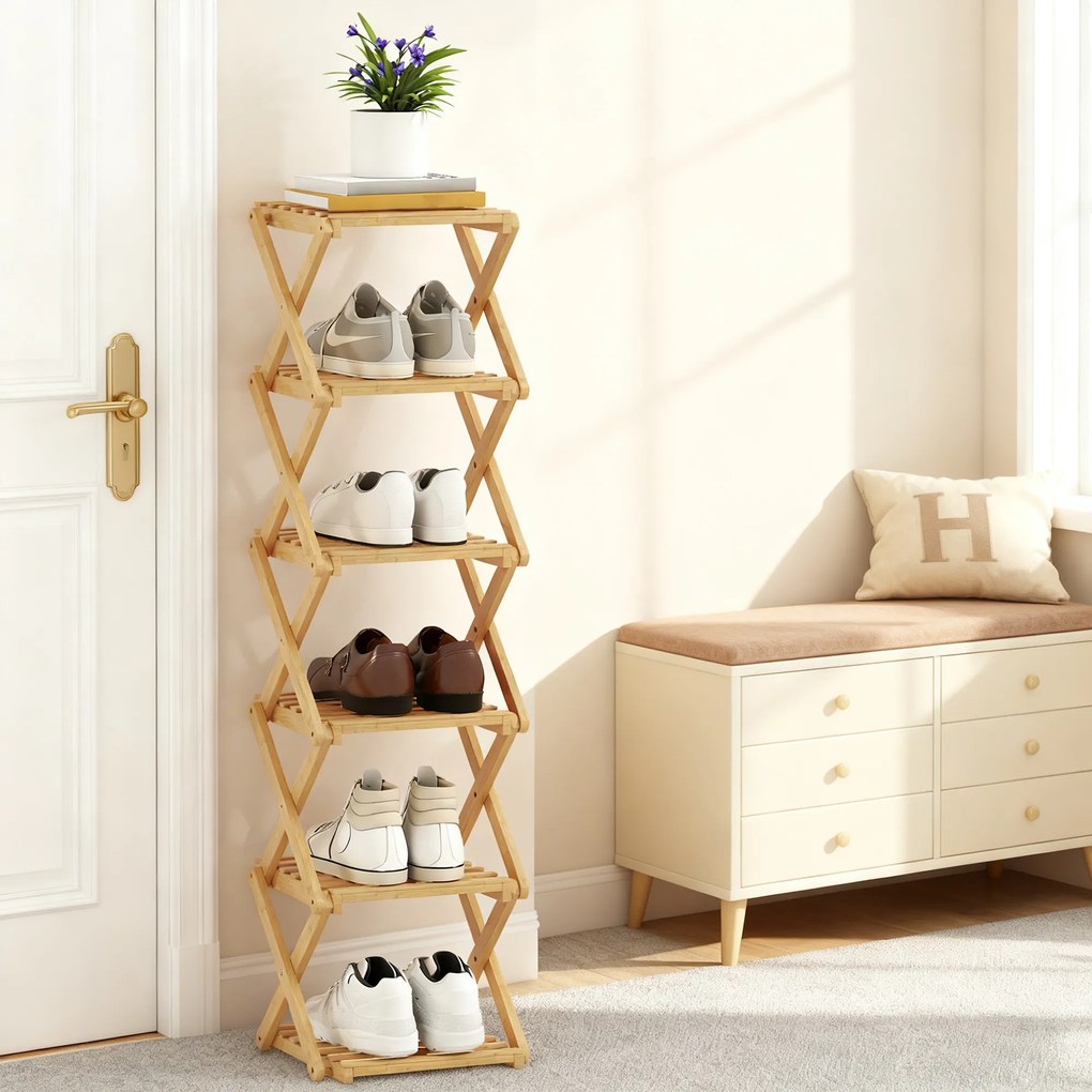 HOMCOM Regał na buty, składany stojak z 6 poziomami z bambusa, dla maks. 9 par butów, 30 x 29 x 108 cm, naturalny | Aosom PL