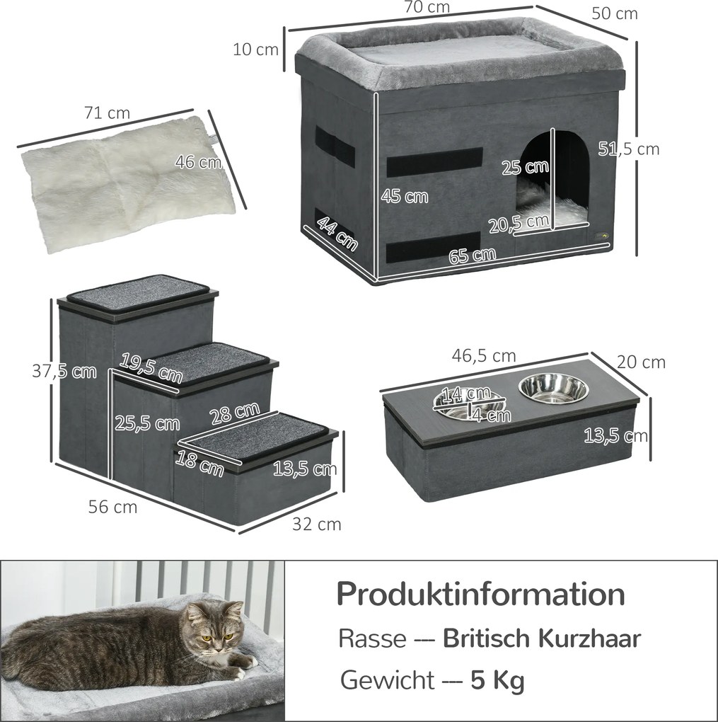 PawHut Dom dla kota z 3 schodami, 2 miskami, 70 x 50 x 51 cm, Szary