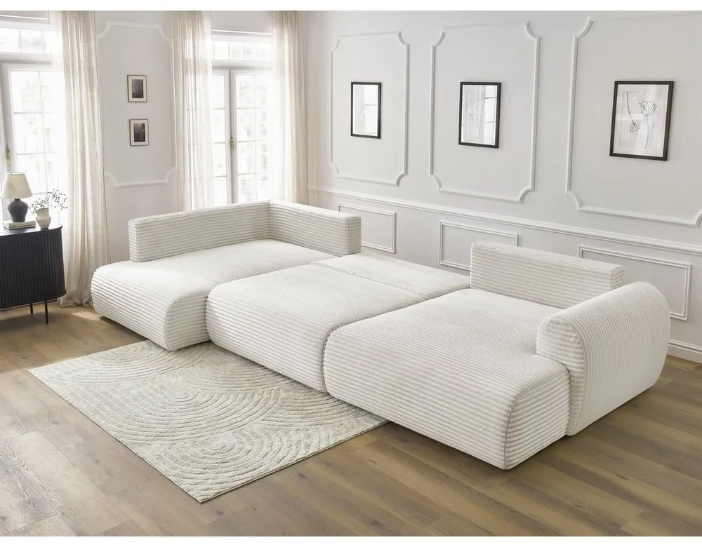 Kremowy sztruksowy rozkładany/ze schowkiem narożnik (lewostronny/w kształcie litery U) Lucien – Bobochic Paris