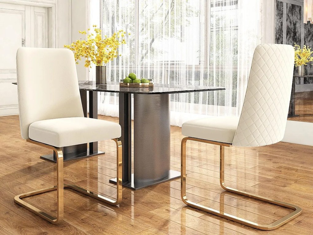 Zestaw 2 krzeseł typu cantilever z weluru - oparcie w romby - metalowa podstawa w kolorze złotym - beżowe