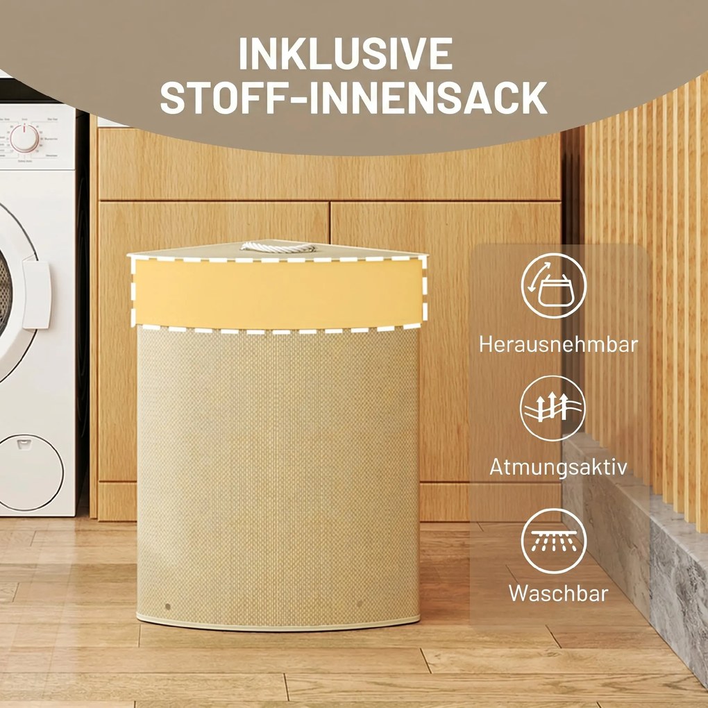 HOMCOM Kosz na pranie w narożnym designie, plecionka bambusowa, 55 L, worek materiałowy, metalowy stelaż, kremowy | Aosom PL