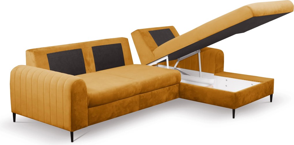 Masseno Narożnik VERONA z funkcją spania i pojemnikiem na pościel Narozniki L, Rozkładana sofa - Żółty, VELLUTO MUSTARD 8