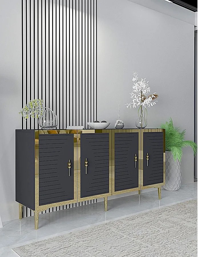 Komoda – 150 cm x 75 cm x 32 cm – Antracyt i złoto – MDF