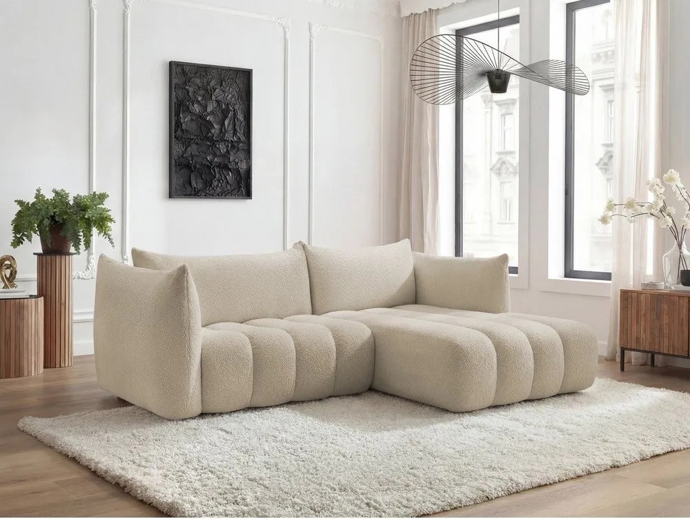 Beżowy narożnik z materiału bouclé (prawostronny/z szezlongiem) Azra – Bobochic Paris