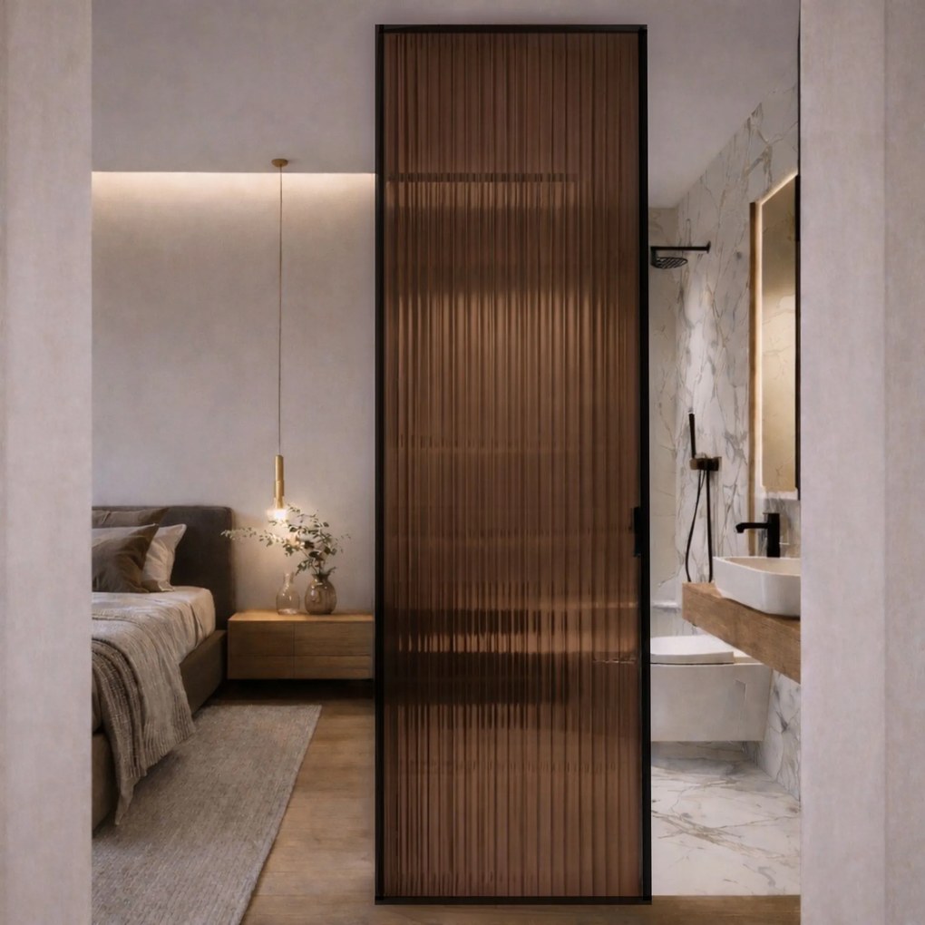 Ścianka prysznicowa ryflowana ARTE WELLE XXL w czarnej ramie Brown szkło brązowe ryflowane | Różne rozmiary : Kolor ramy - chrom, Rozmiar - 80 x 300 cm